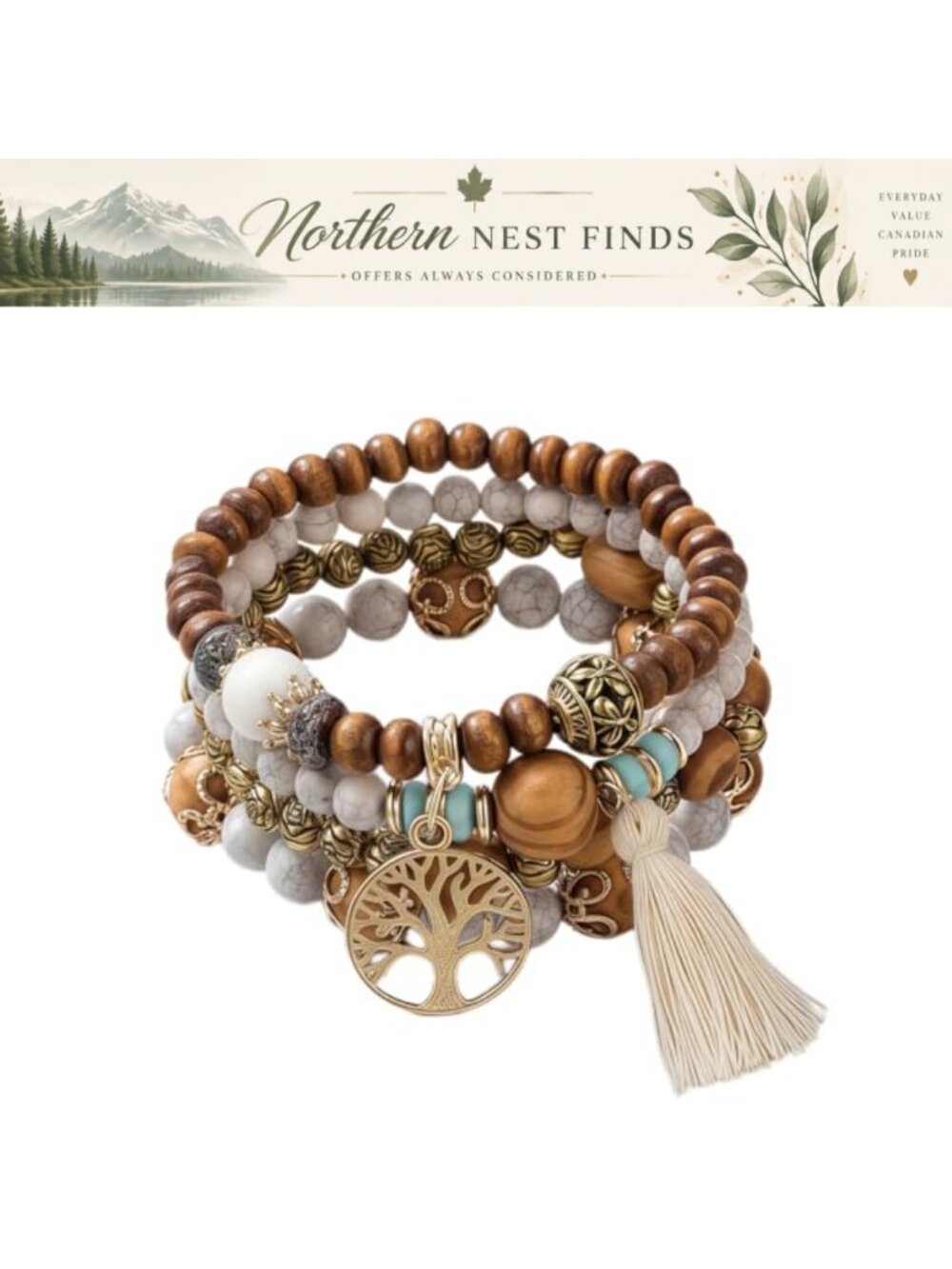 4 Pack Boho Wood Bead Stackable Stretch Bracelets Tree of Life Tassel